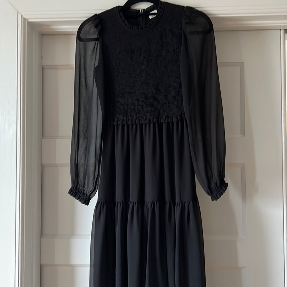 Midi length. Sheer long sleeve black dress.